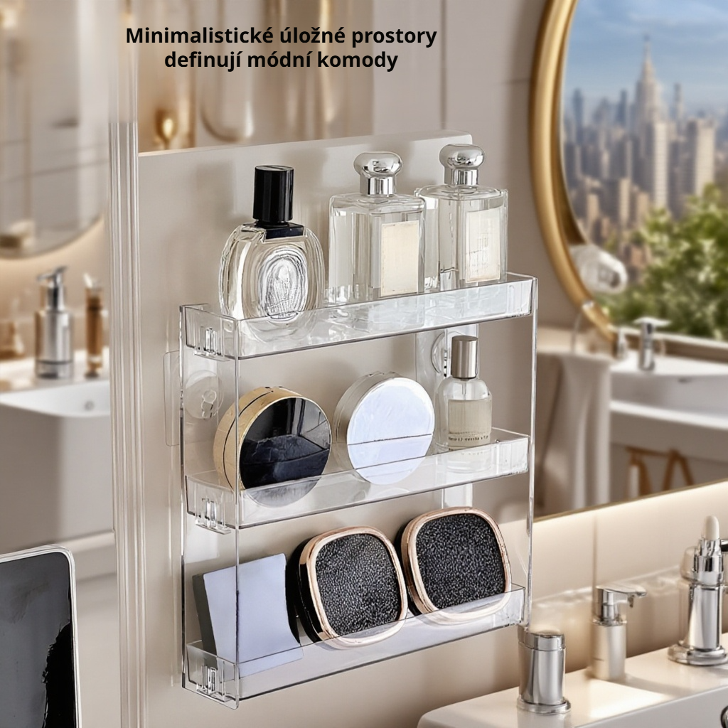 Průhledná akrylová nástěnná police do koupelny na kosmetiku, bez vrtání, vícevrstvá