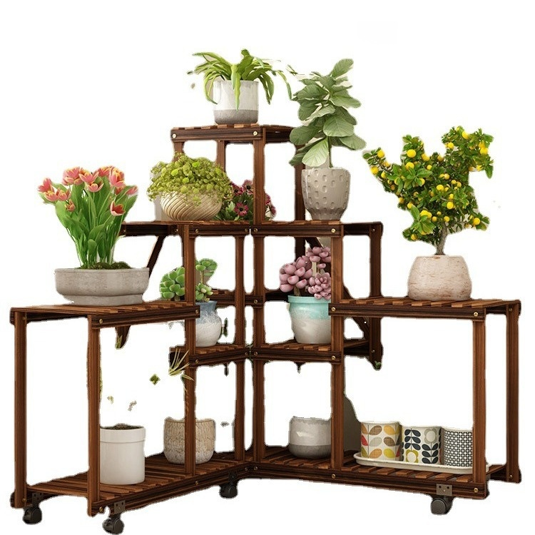 Indoor multi-layer solid wood flower pot storage rack