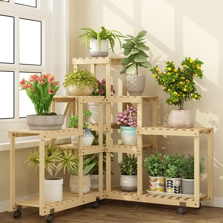 Indoor multi-layer solid wood flower pot storage rack