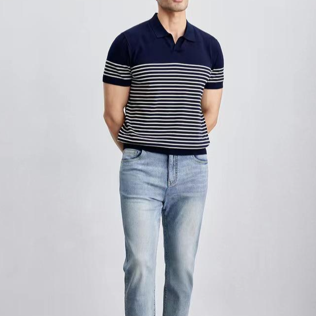 남자 여름 편한 반팔 티셔츠 캐주얼 슬림 스트라이프 반팔 신사 브이넥 반팔 셔츠