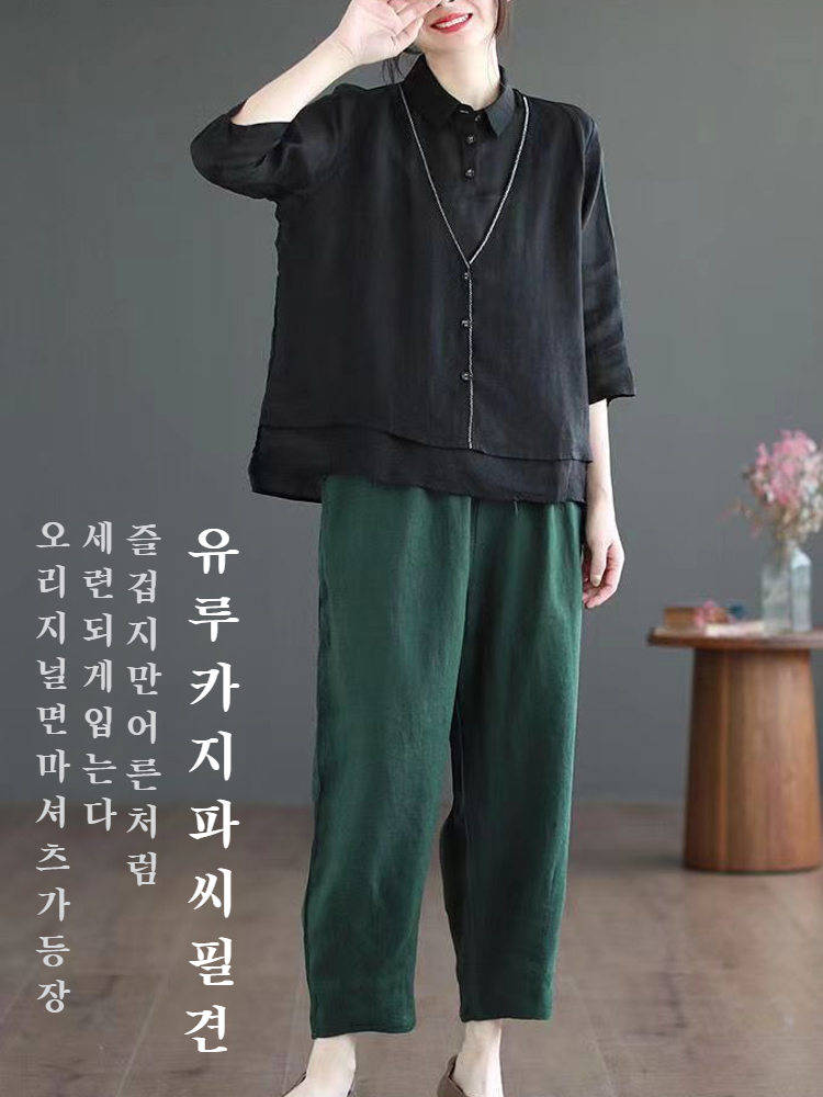 여성 문예 루즈핏 솔리드 셔츠 코튼 린넨 가짜 투피스 상의 여성 루즈핏 문예 가짜 투피스 셔츠