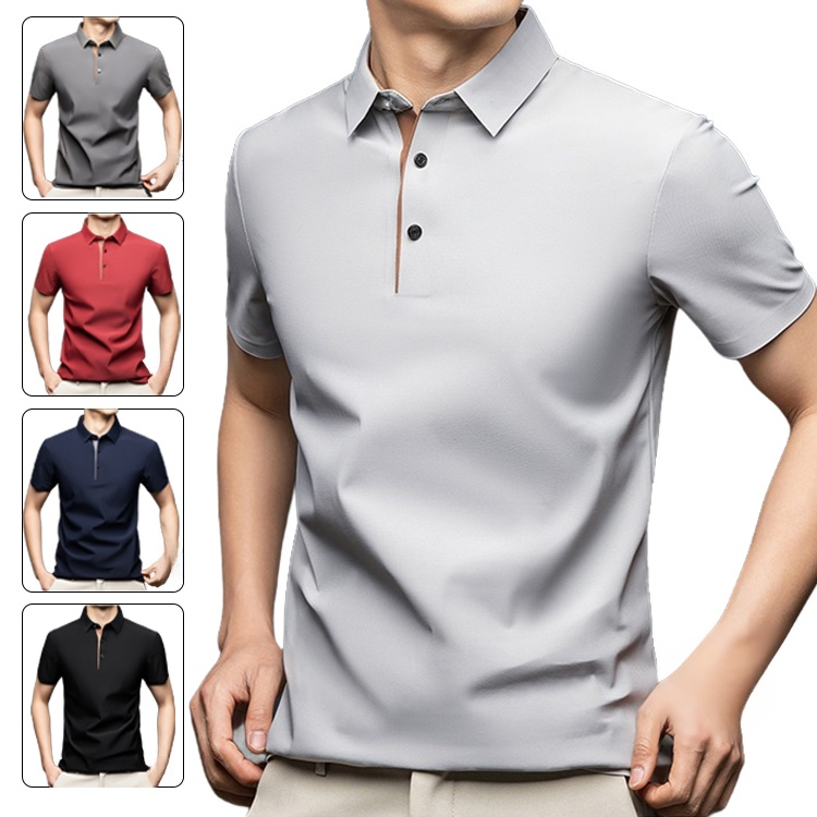 夏用メンズ半袖ポロシャツ　アイスシルク涼感素材　4方向ストレッチ&nbsp;&nbsp;薄手&nbsp;シワ防止&nbsp;アイロン不要&nbsp;メンズ速乾襟付きTシャツ