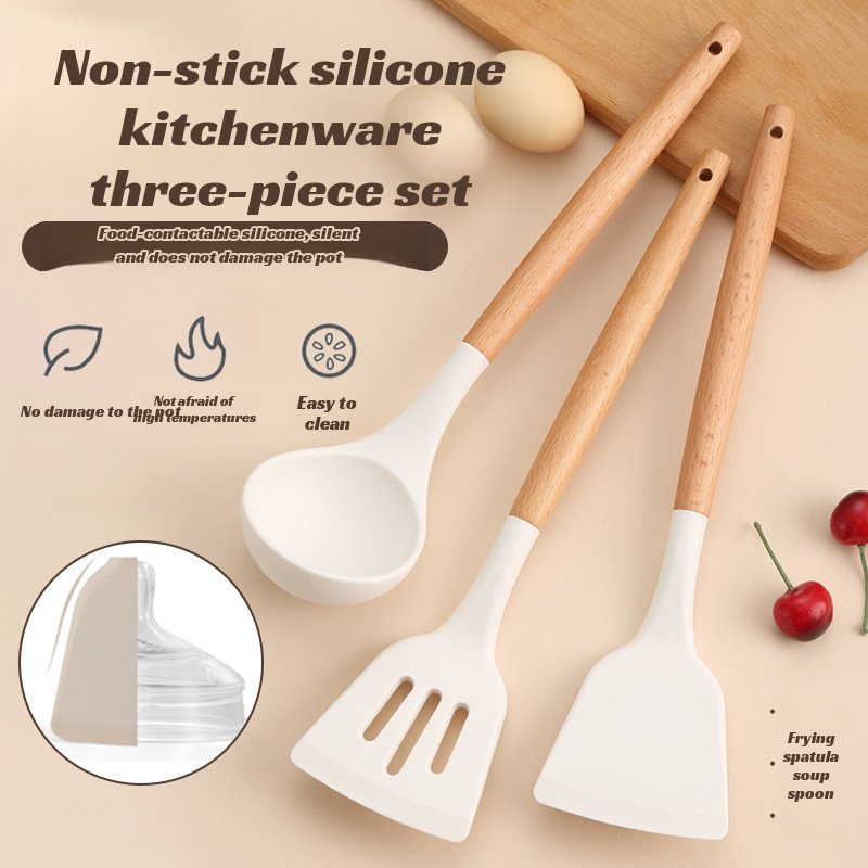 Wooden handle silicone kitchenware three-piece set soup spoon spatula kitchenware set non-stick stea