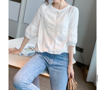 봄여름 펀칭 레이스 벌룬 소매 쉬폰 블라우스 상의 블라우스 여 펀칭 봄여름 블라우스