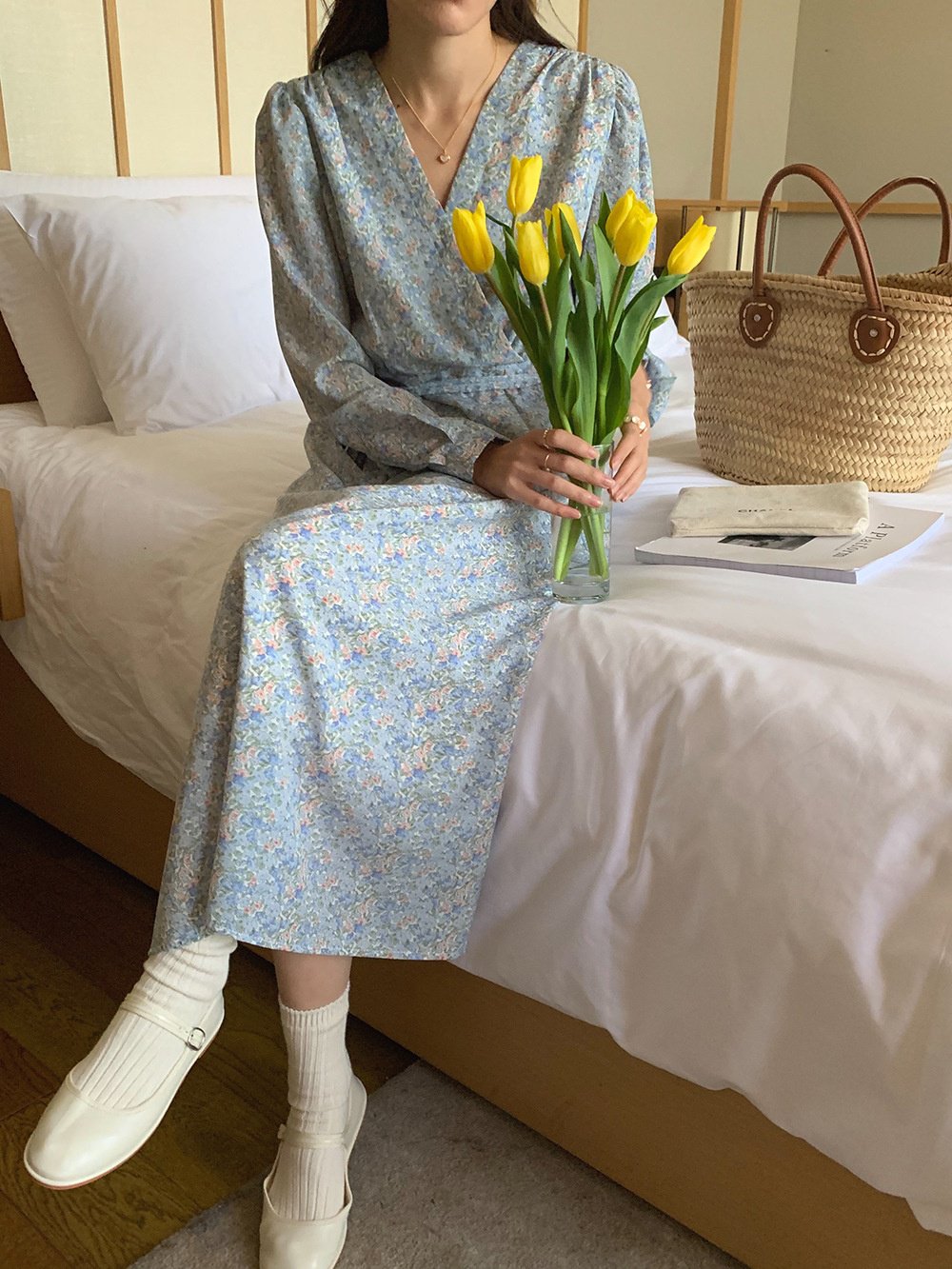 여성 원피스 허리 여리여리 플라워 롱 원피스 엘레강스 브이넥 도라지 스트링 원피스