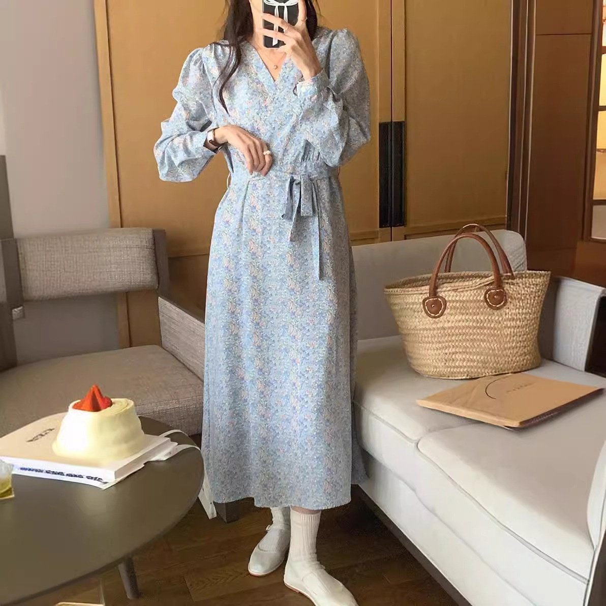 여성 원피스 허리 여리여리 플라워 롱 원피스 엘레강스 브이넥 도라지 스트링 원피스