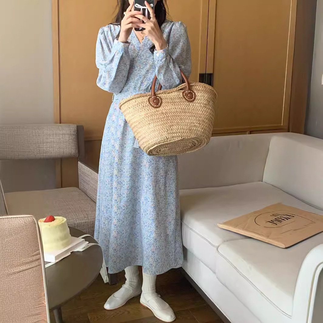 여성 원피스 허리 여리여리 플라워 롱 원피스 엘레강스 브이넥 도라지 스트링 원피스