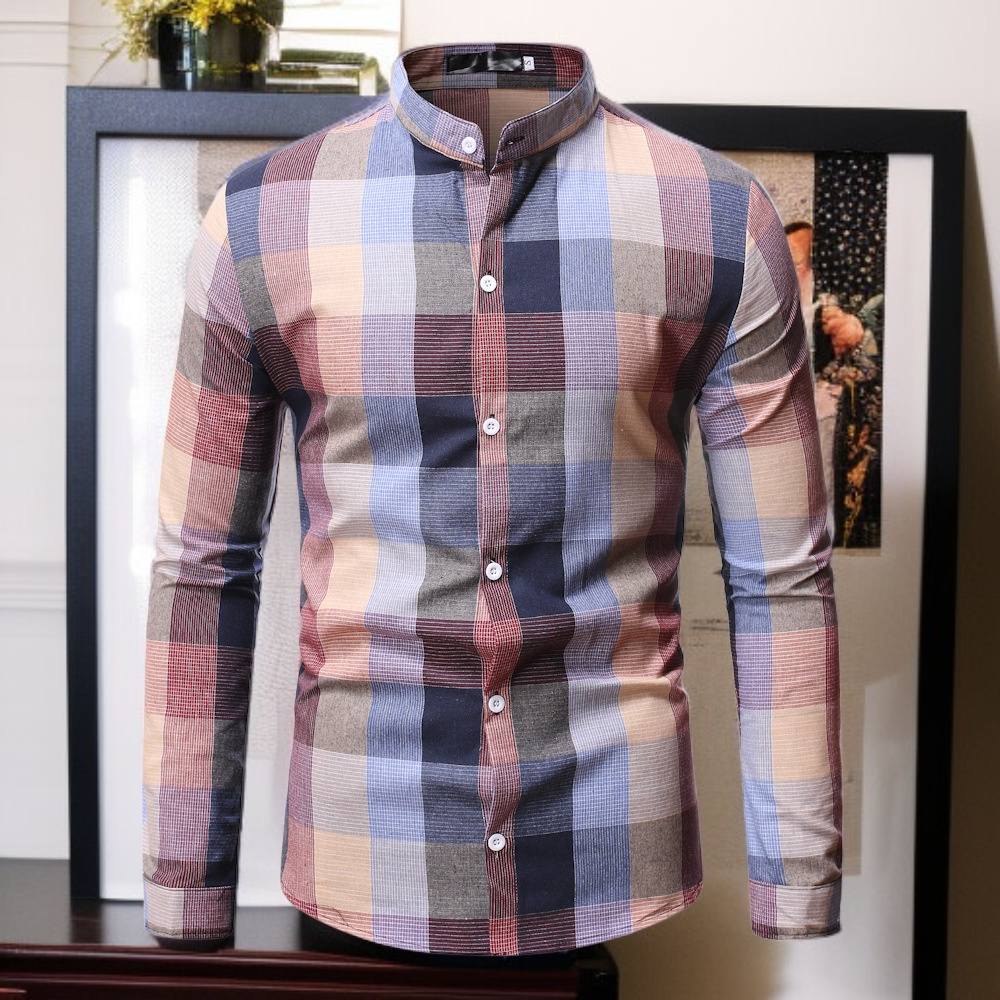 Men's standup collar longsleeved shirt Bottom shirt men's plaid shirt