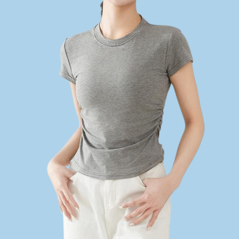 レディース純色ラウンドネックタイトウエスト半袖
