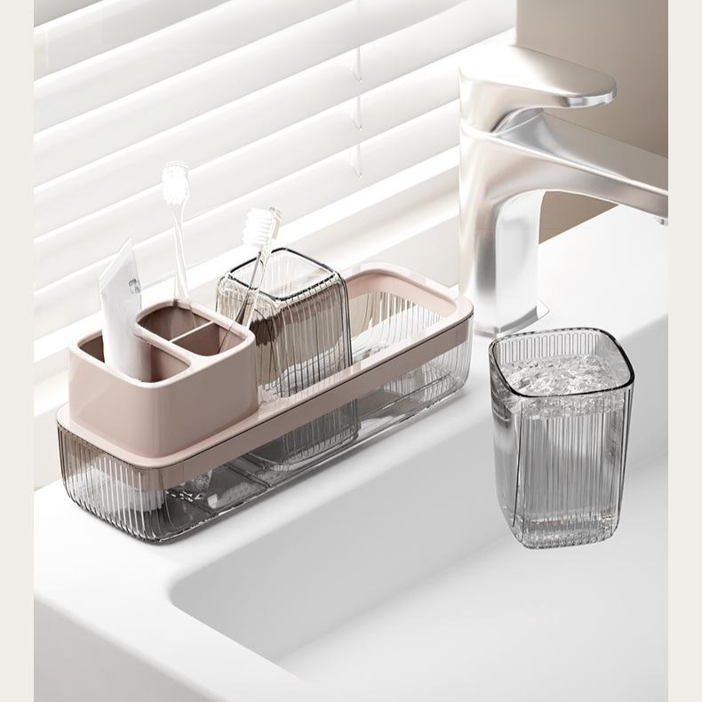 Průhledný držák na zubní kartáčky bez vrtání s kelímkem na ústní vodu