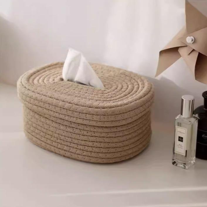 Boîte de rangement pour mouchoirs en corde de coton avec couvercle, pour salon et table à manger