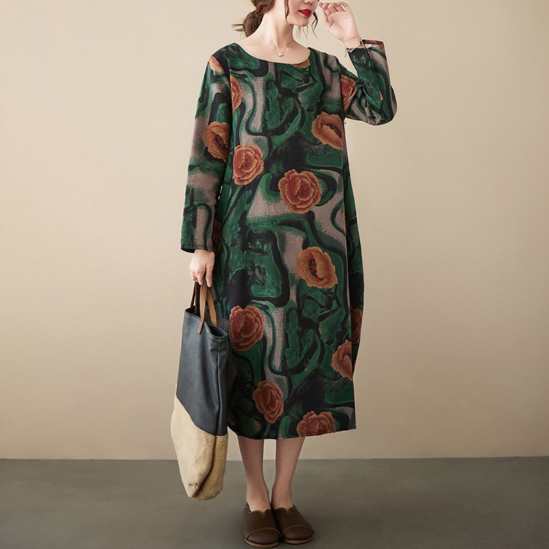 【綿麻総柄ワンピース】ゆったりとしたサイズ感で体型カバーも◎