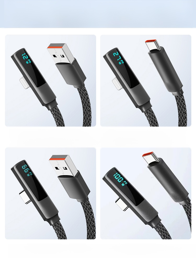 สายดาต้าชาร์จแบตเร็วหัวงอพร้อมจอแสดงผลดิจิตอล