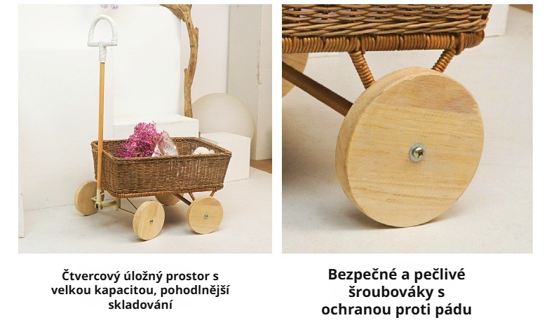 Děti si hrají s ratanovým vozíkem na hračky