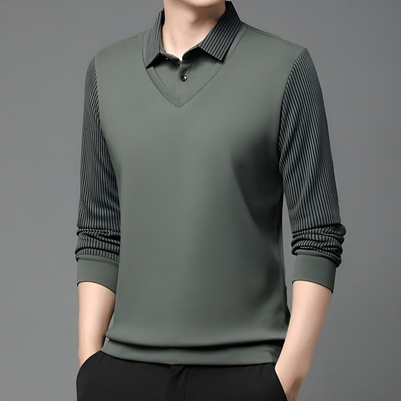 เสื้อโปโลแขนยาวผู้ชาย แบบปลอมสองชิ้น บุขน