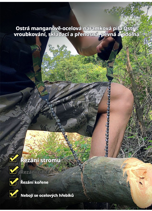 Přenosná ruční řetězová pila při práci v lese