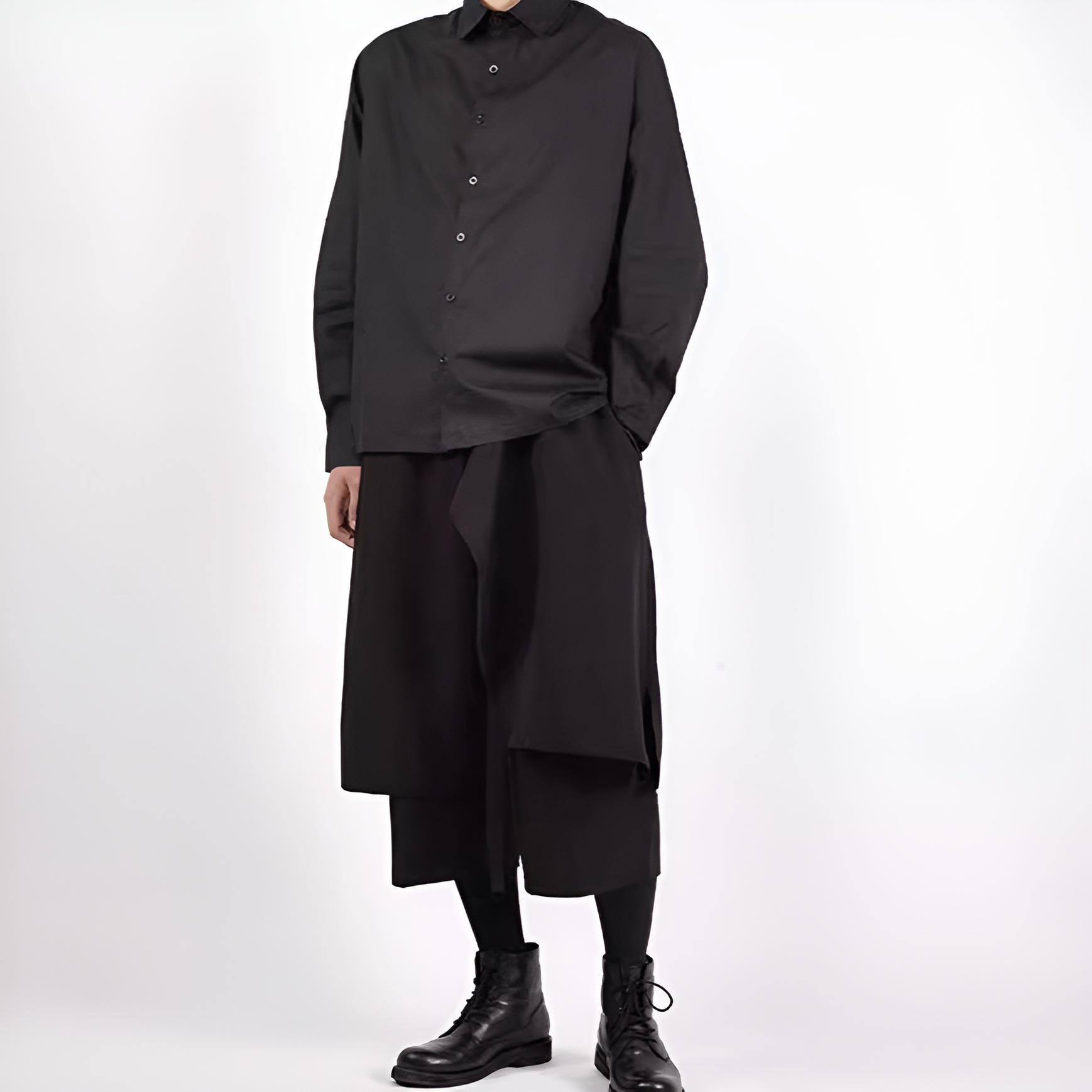 春夏のメンズワイドレッグパンツ、フェイクツーピースデザイン、キュロット、ニッチなゆったりした大きいサイズのサムライ89点パンツ