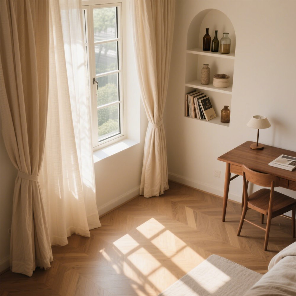 리넨 거즈 소재로 빛 투과성이 뛰어나면서도 그림자가 지지 않는 페어리 커튼