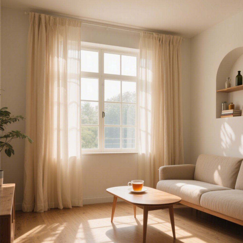 밝은 자연광이 비치는 그림자 없는 거즈 커튼