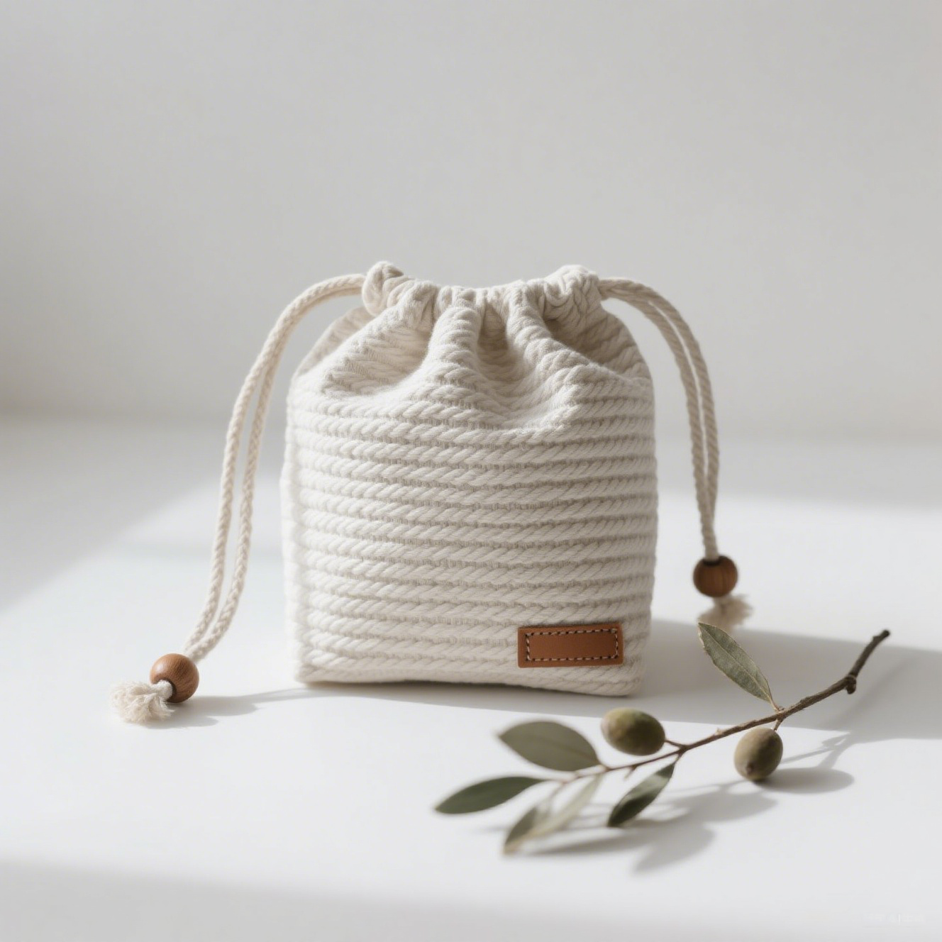  Bolsa de almacenamiento de lino estilo forestal con etiqueta de cuero