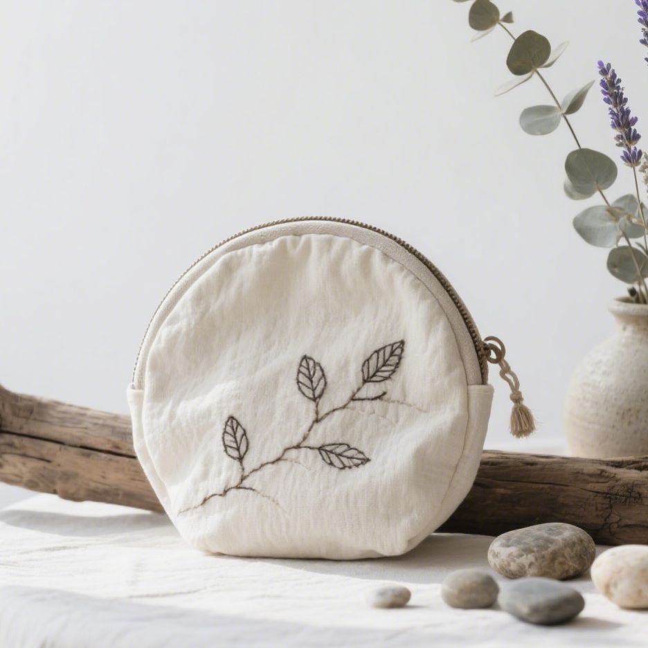 Monedero de lino con elementos botánicos estilo naturalista