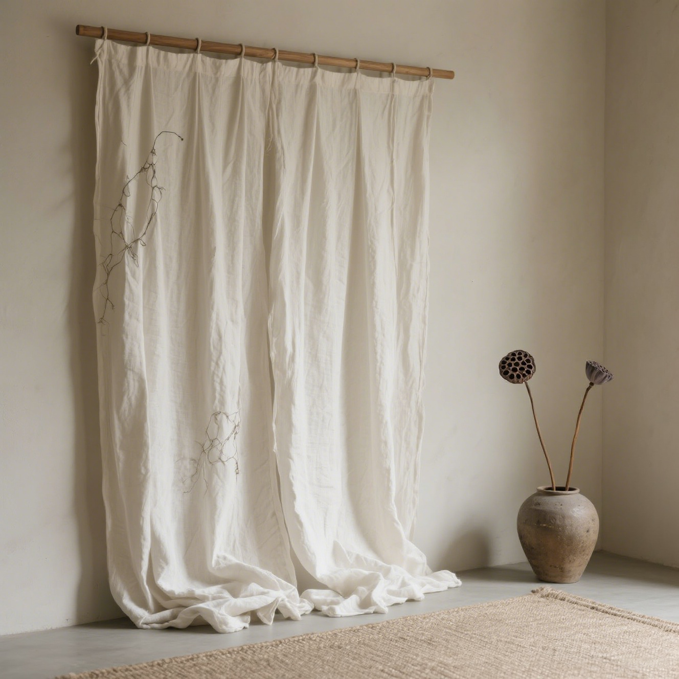 Detalle de la textura de lino natural de la cortina