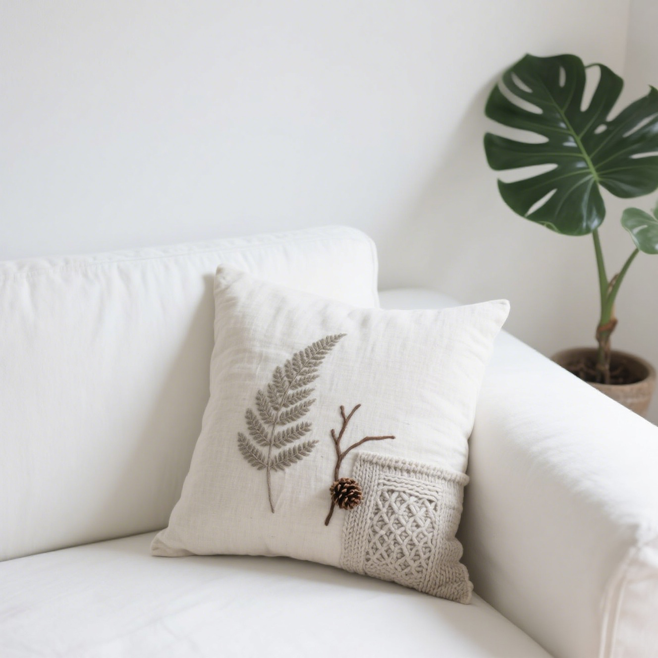 Detalle de textura de lino en cojines decorativos botánicos