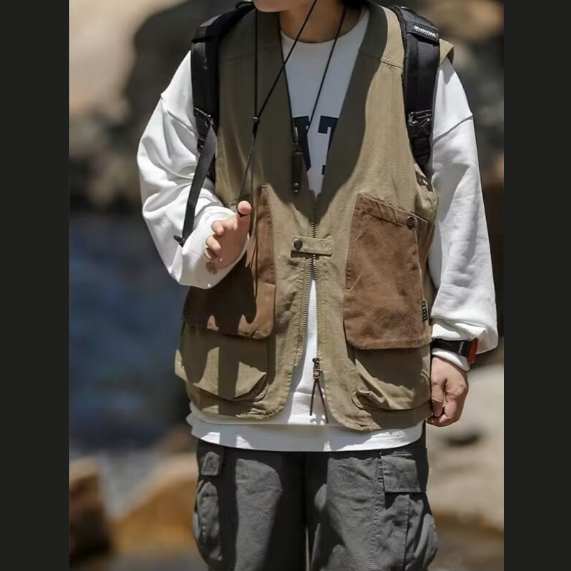 機能的なスタイルの男性用ゆったりノースリーブベスト マルチポケット・ジップ・ワークベスト
