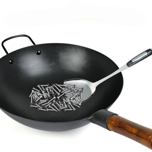 Detalle del mango de madera del wok Altmodischer