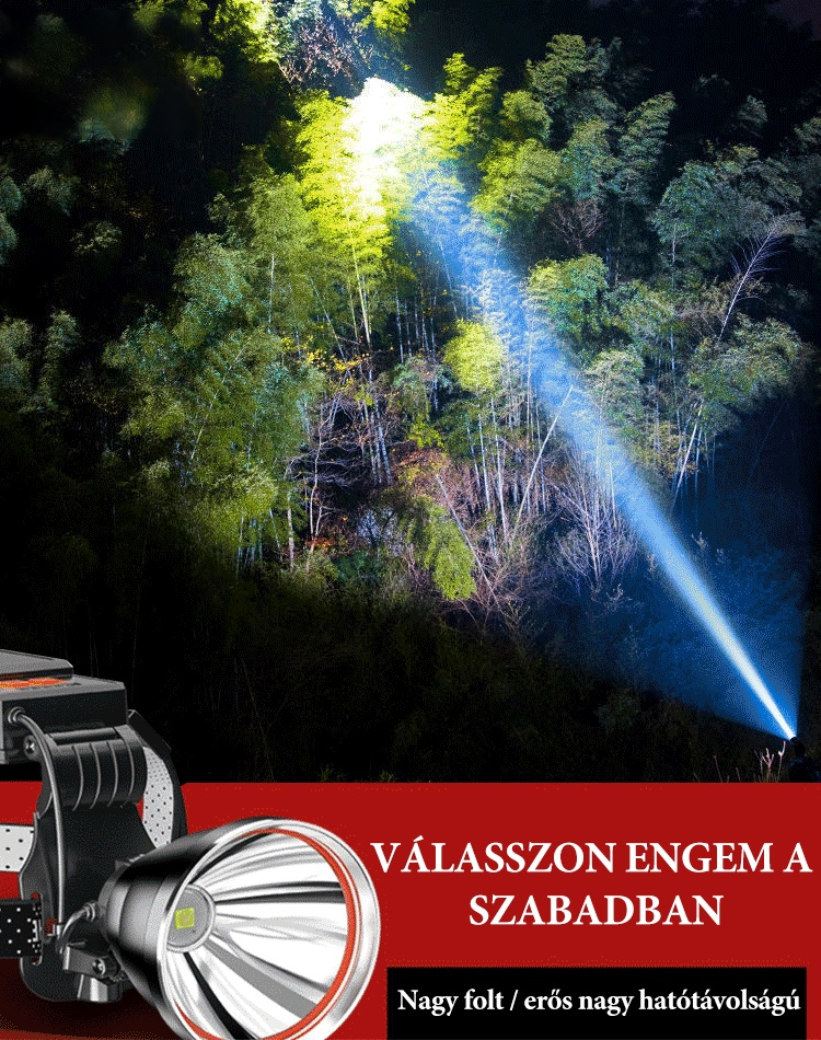 Újratölthető fejlámpa erős fénnyel