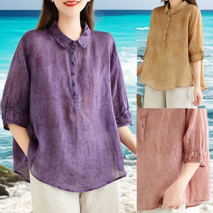 여성 벌룬 소매 면마 블라우스 