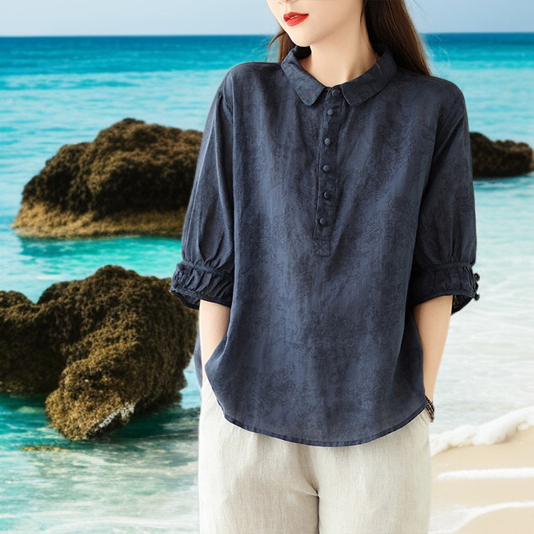 여성 벌룬 소매 면마 블라우스 