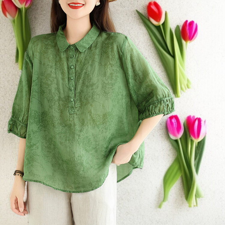 ボリュームスリーブ綿麻ブラウス