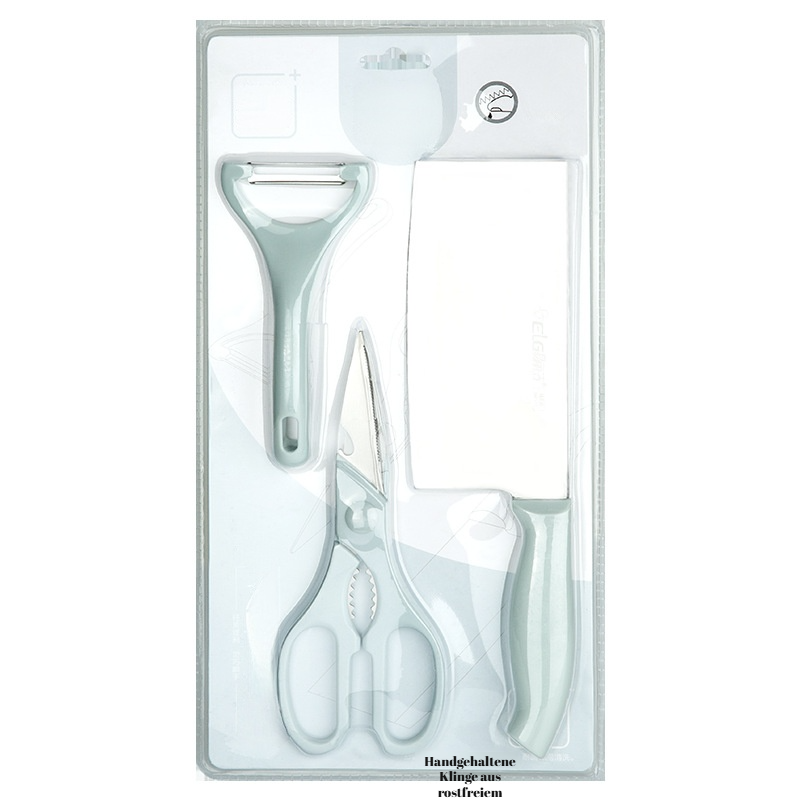 Dreiteiliges Set aus Küchenmesser, Schere und Schäler
