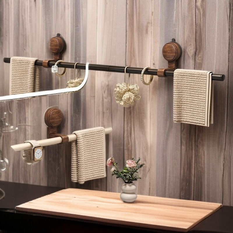 Koupelnový věšák na ručníky s přísavkou, ořechové dřevo, bez vrtání, jednoduchý design