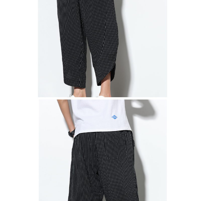 夏のゆったりリネンワイドパンツ メンズ・ルーズ・ワイド・レッグ・パンツ セブンポイント・ワイドパンツ ストライプのワイドパンツ