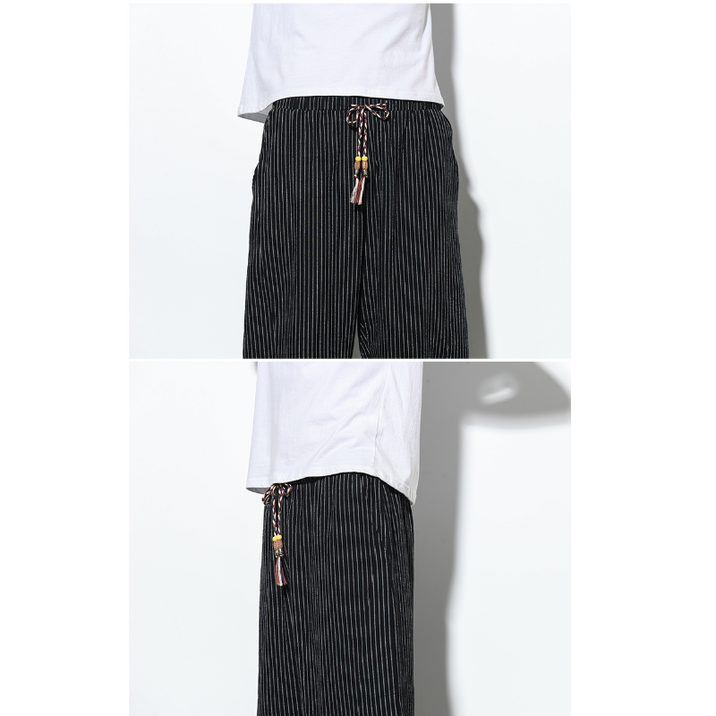夏のゆったりリネンワイドパンツ メンズ・ルーズ・ワイド・レッグ・パンツ セブンポイント・ワイドパンツ ストライプのワイドパンツ