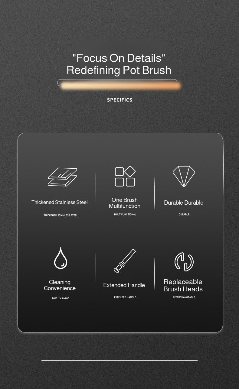 Household stainless steel pot brush with extended handle for kitchen cleaning