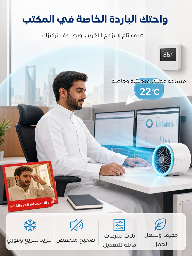 مروحة محمولة مع أداء تبريد قوي (3 عبوات تبريد لتبريد دائري بلا توقف)