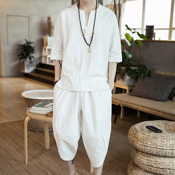 綿麻上下セット　紳士  オーガニックリネン 清涼 春 夏 秋