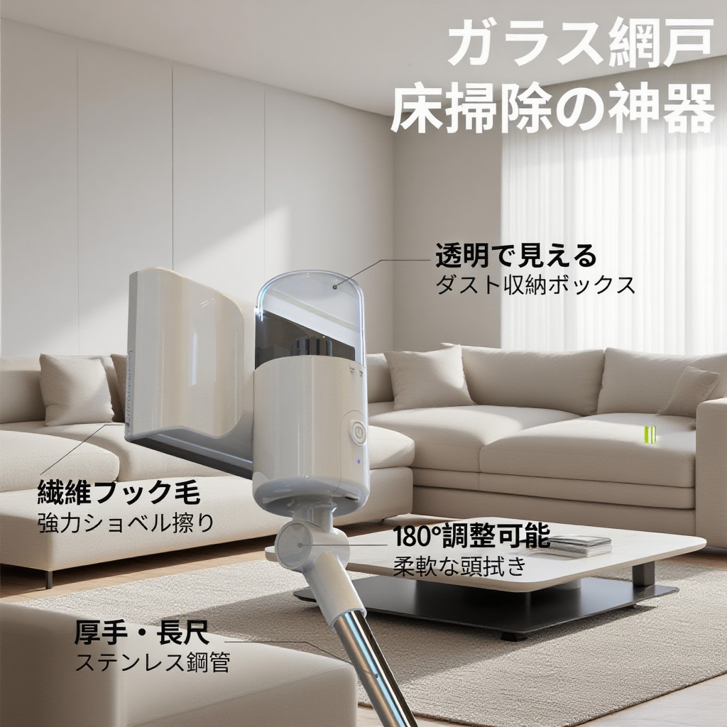 伸縮式高所対応機能を強調した窓掃除ロボット