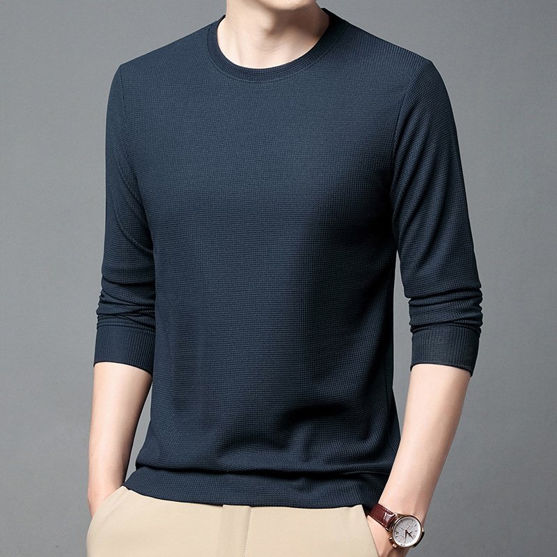 ワッフル柄長袖Tシャツ メンズ クルーネック インナーシャツ 中高年向け 無地 カジュアルスウェットトップス