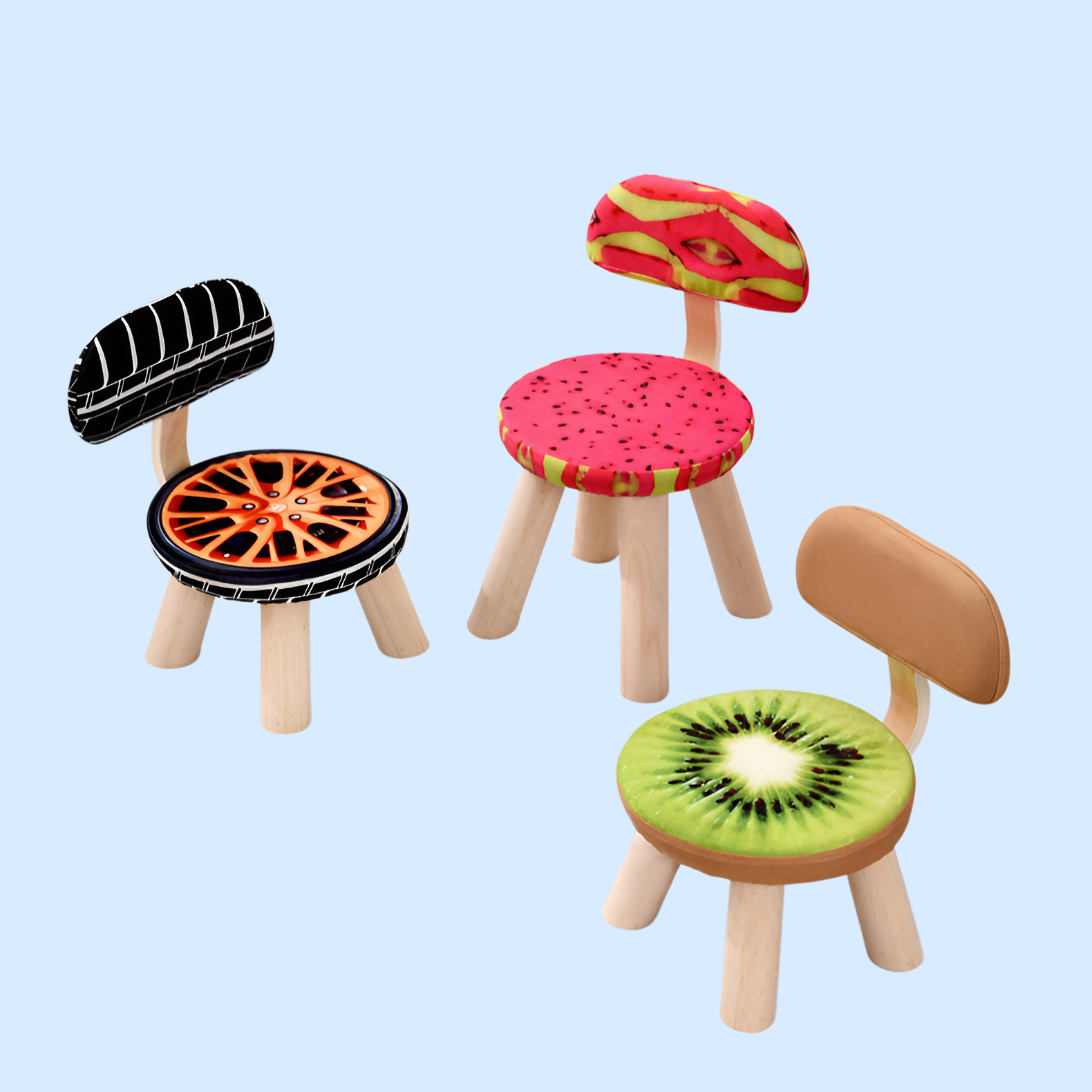 大人用布細工の木製背もたれの小さな腰掛け