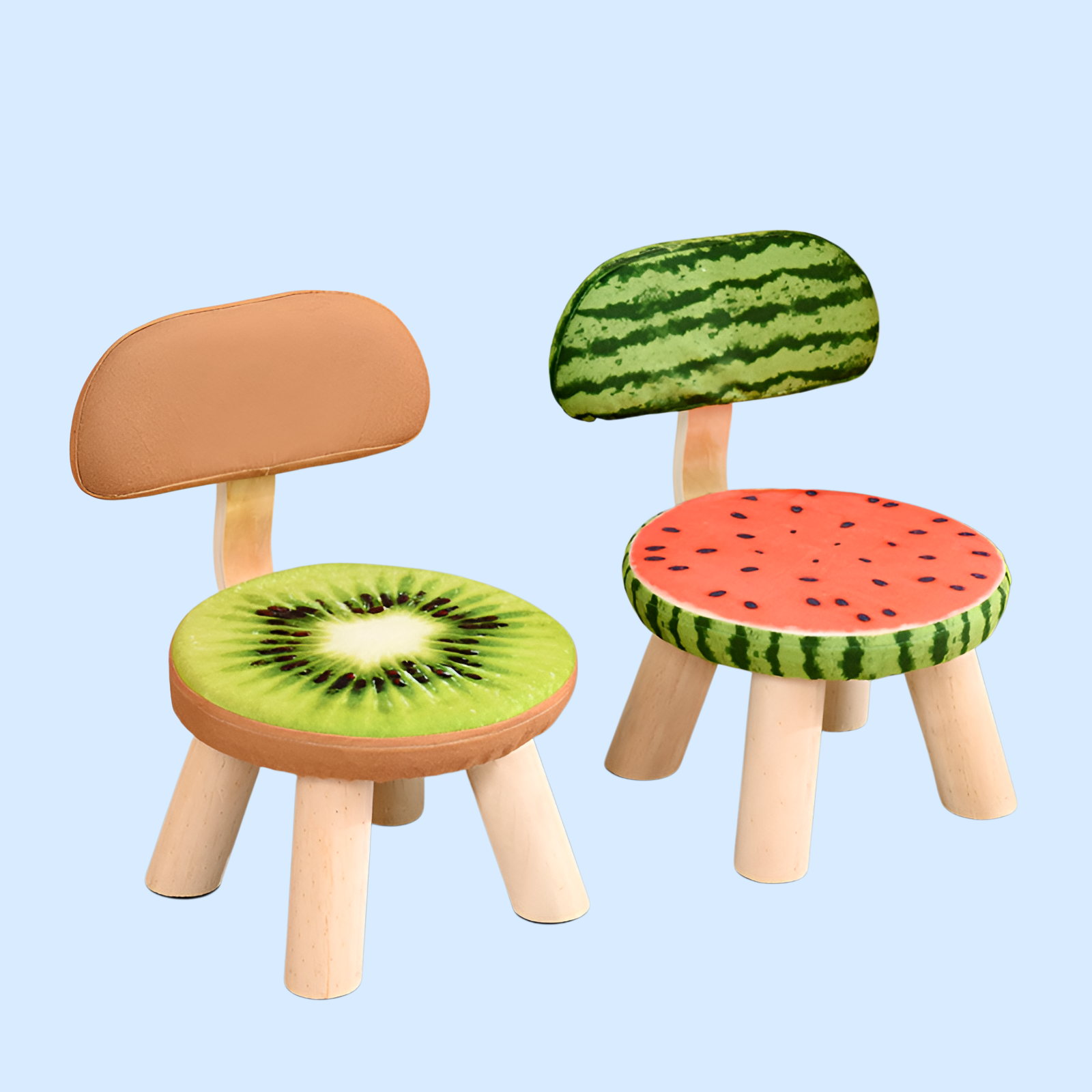 大人用布細工の木製背もたれの小さな腰掛け