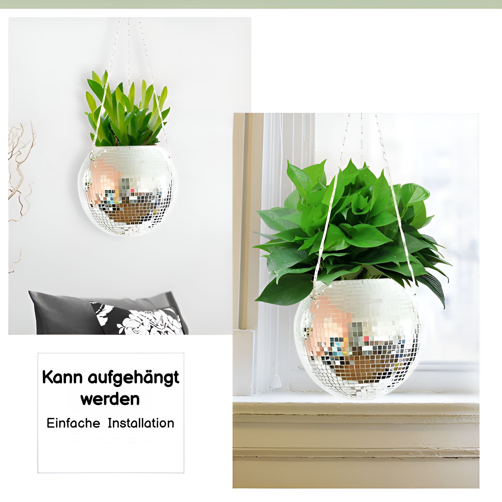 Disco Ball Pflanztopf mit grüner Pflanze auf Balkon