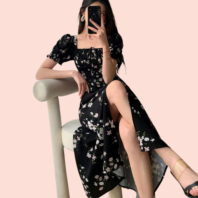 여름 쉬폰 트임 롱 원피스 반팔 플라워 미디 스커트