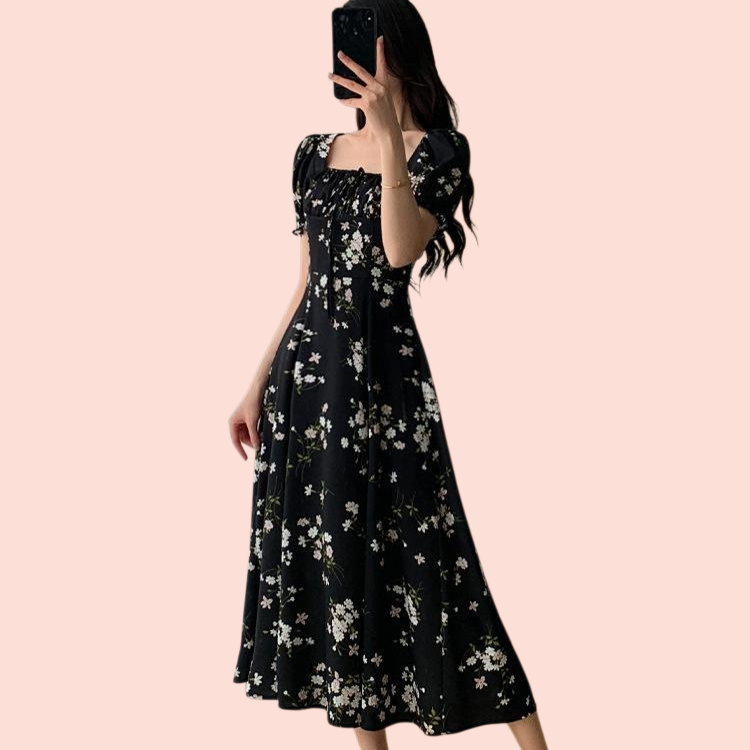 여름 쉬폰 트임 롱 원피스 반팔 플라워 미디 스커트