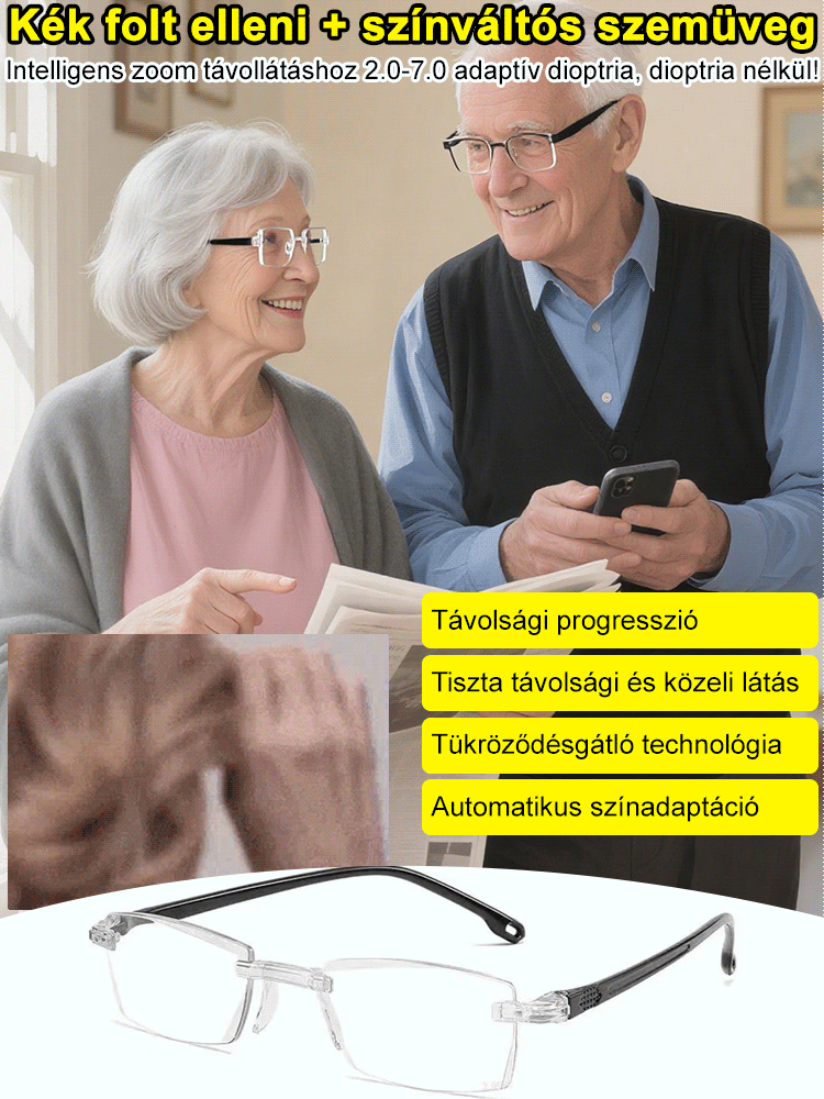 Kékszűrős, színt változtató olvasószemüveg