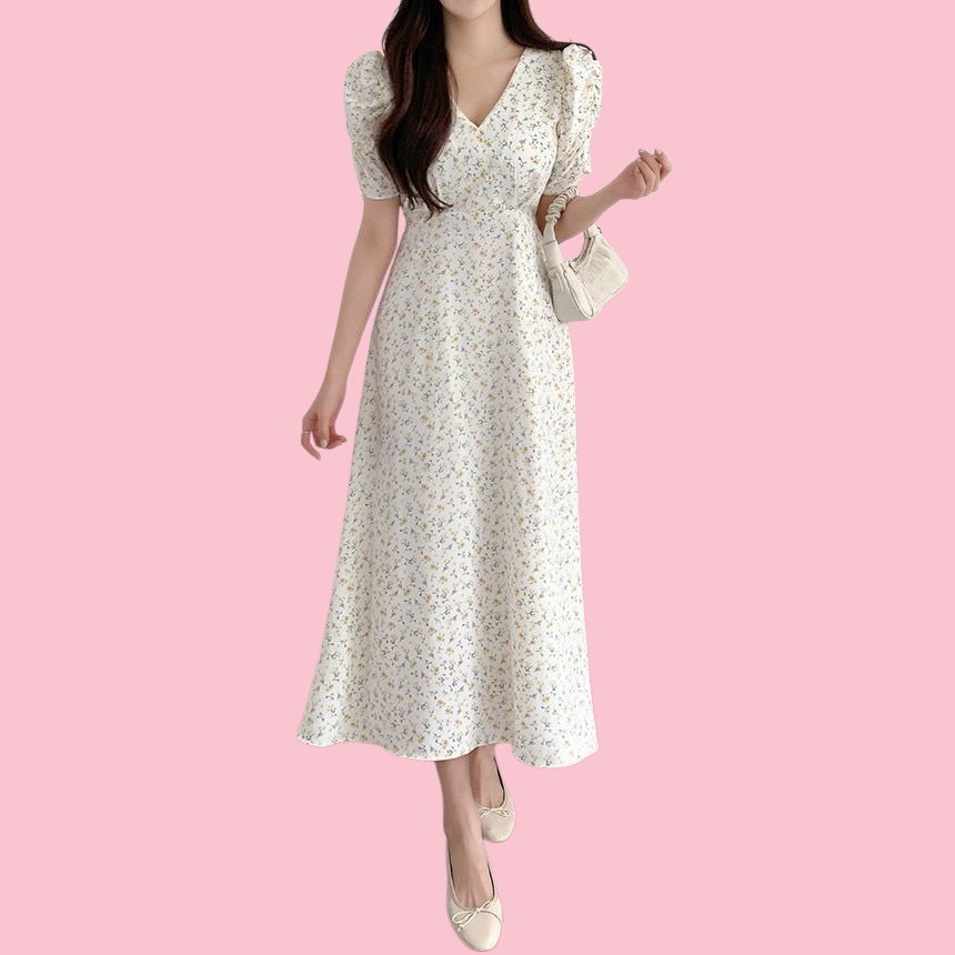 포근한 분위기 브이넥 허리끈 플라워 원피스