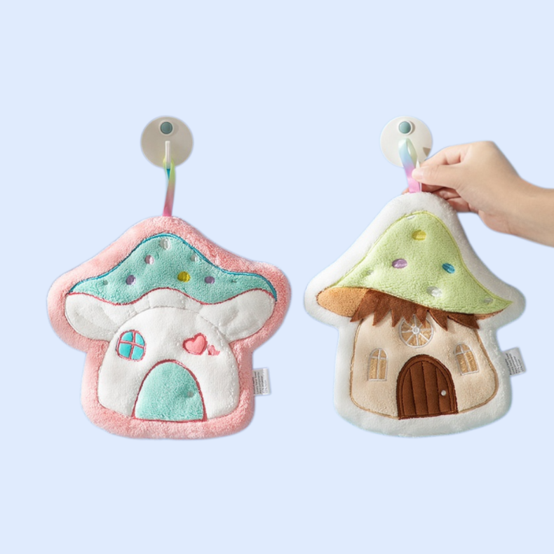 Cartoon mushroom house hand towel hanging thick coral fleece embroidered towel absorbent cute handke